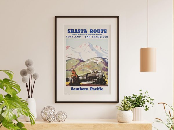 Shasta Route Poster - Southern Pacific Railroad, 1930s Travel Art, Retro Train Decor, Pacific Northwest, Maurice Logan Artwork