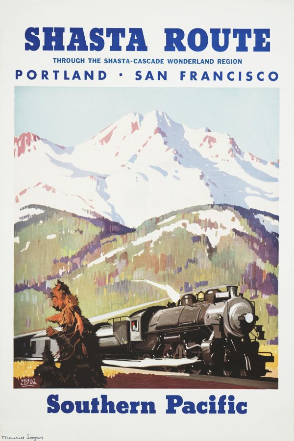 Shasta Route Poster - Southern Pacific Railroad, 1930s Travel Art, Retro Train Decor, Pacific Northwest, Maurice Logan Artwork