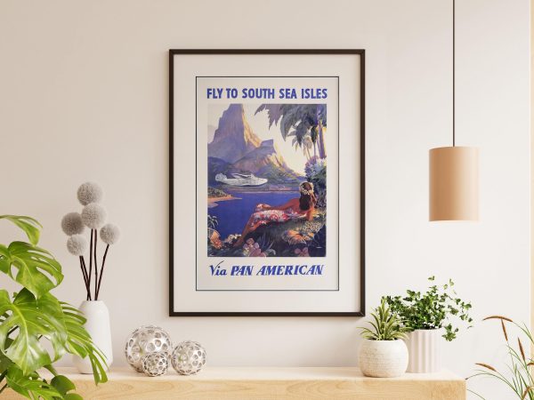 Fly to South Sea Isles Poster - Pan American Airways, Retro 1940s Travel Art, Tropical Vacation Decor, Island Getaway Gift, Pilot Gift