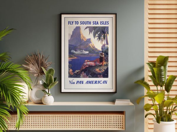 Fly to South Sea Isles Poster - Pan American Airways, Retro 1940s Travel Art, Tropical Vacation Decor, Island Getaway Gift, Pilot Gift