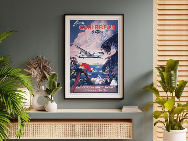 Fly to the Caribbean Poster - Pan American Airways, 1940s Pan Am Travel Art, Tropical Island Decor, Caribbean Adventure Gift, Airline Poster