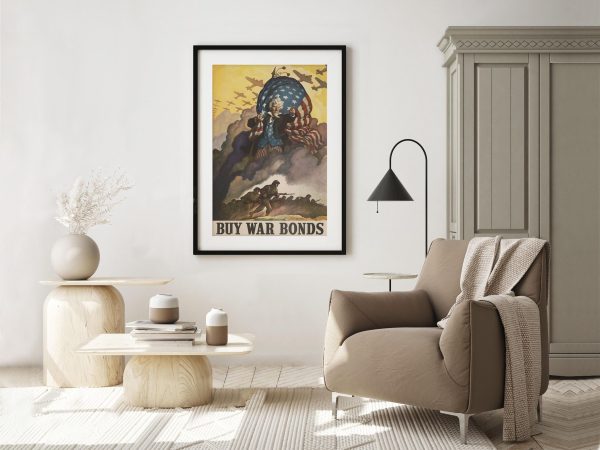 Buy War Bonds Poster - Uncle Sam Artwork, World War II Propaganda, Patriotic Military Print, American History, WWII Collectible Wall Art