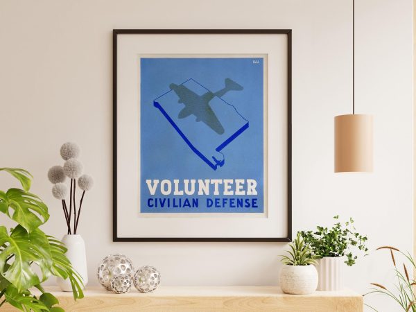 Volunteer Civilian Defense Poster, WWII Home Front Artwork, Military Aviation Silhouette, War Effort Propaganda, Civil Defense Wall Art