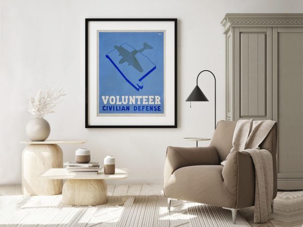 Volunteer Civilian Defense Poster, WWII Home Front Artwork, Military Aviation Silhouette, War Effort Propaganda, Civil Defense Wall Art