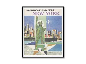 American Airlines New York Travel Poster – Statue of Liberty Skyline, Vintage Airline Advertisement, New York City Art, Retro Aviation Decor