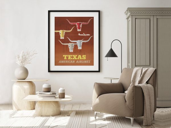 Texas American Airlines Travel Poster - Longhorn Cattle Art, Vintage Airline Advertisement, Mid-Century Texas Decor, Retro Western Wall Art