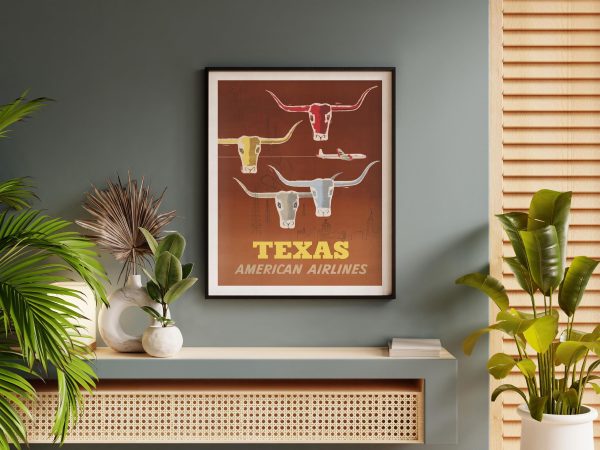 Texas American Airlines Travel Poster - Longhorn Cattle Art, Vintage Airline Advertisement, Mid-Century Texas Decor, Retro Western Wall Art