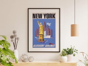 New York Travel Poster, Allegheny Airlines Statue of Liberty Art, Vintage Airline Advertisement, Mid-Century Travel Decor, New York Wall Art