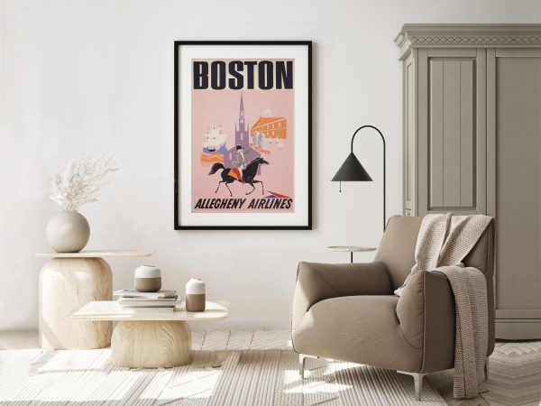 Boston Travel Poster, Allegheny Airlines Historic Art, Vintage Airline Advertisement, Mid-Century Travel Decor, Boston Wall Art