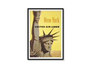 New York United Air Lines Poster – Vintage Statue of Liberty Travel Art, Mid-Century Airline Advertising, New York City Wall Decor