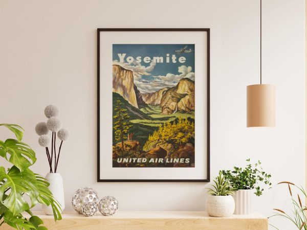 Yosemite Vintage Travel Poster - United Air Lines, 1950s National Park Art, United States, Yosemite Valley, Vintage Nature Decor