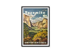 Yosemite Vintage Travel Poster – United Air Lines, 1950s National Park Art, United States, Yosemite Valley, Vintage Nature Decor