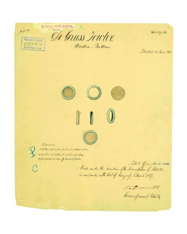 Wooden Buttons Patent Print 1831 - Vintage Sewing Art, Antique Button Design, Fashion History Decor, Unique Sewing Room Wall Art