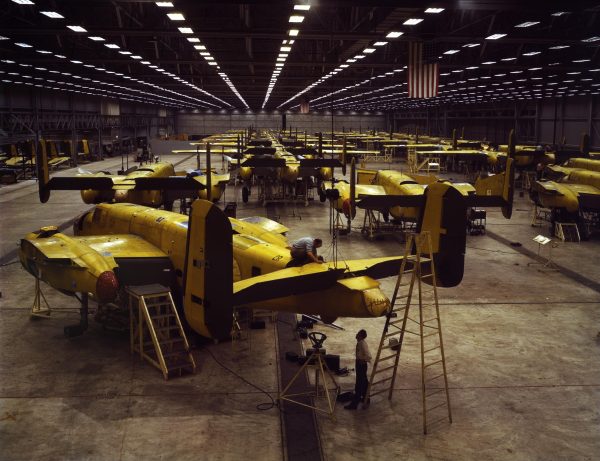 North American B-25 Mitchell Assembly Print – WWII Bomber Production Line, Vintage Aviation Art, Military Aircraft Print, Warplane Decor