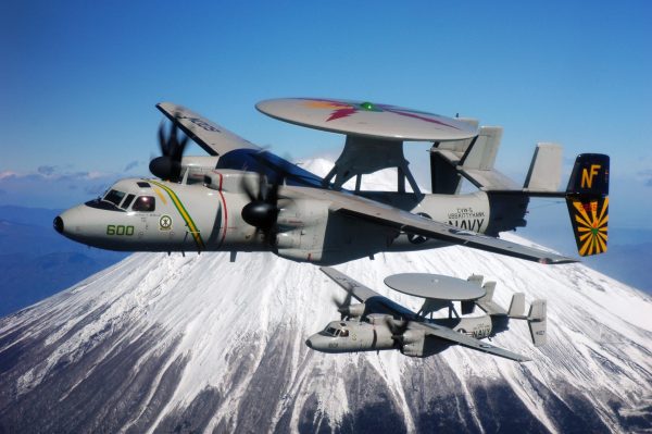 E-2C Hawkeye Over Mount Fuji – Navy Surveillance Aircraft Poster, Aviation Art, Military Recon Decor, Airborne Early Warning System Print