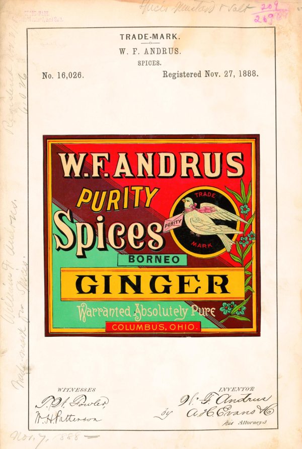 W.F. Andrus Ginger Trademark 1888 Print - Vintage Spice Label Art, Retro Packaging Decor, Antique Culinary Design, Kitchen Wall Art