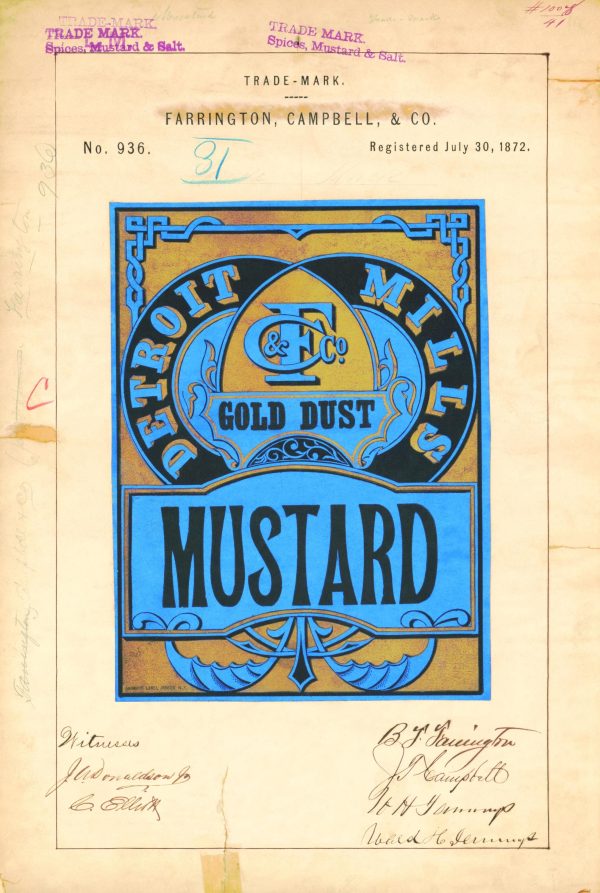 Detroit Mills Gold Dust Mustard Trademark 1872 - Vintage Mustard Label Art, Retro Food Packaging, Antique Kitchen Decor, Culinary Wall Art