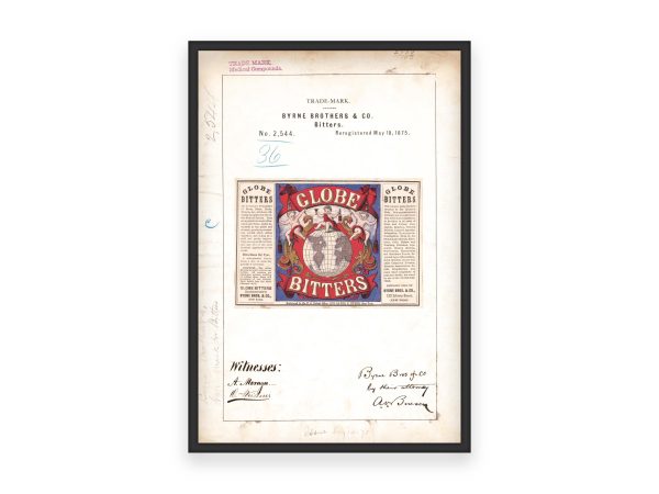 Byrne Brothers & Co. Globe Bitters Trademark 1875 Print - Vintage Medicine Label Art, Retro Health Remedy Poster, Antique Beverage Decor