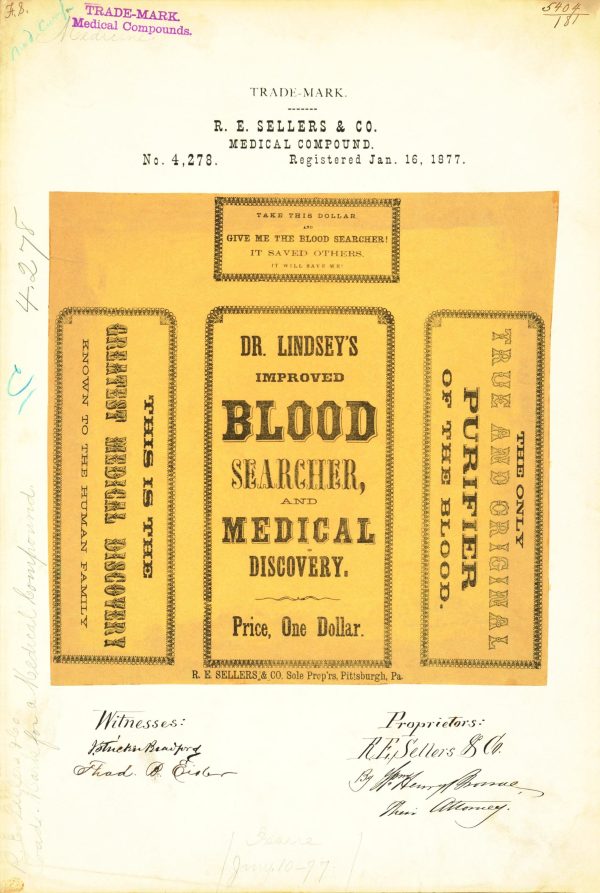 Dr. Lindsey’s Blood Searcher Trademark 1877 Print - Vintage Medicine Label Art, Retro Health Remedy Poster, Antique Medical Decor