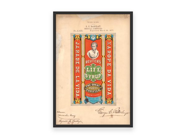 Reuter’s Life Syrup Trademark 1877 Print - Vintage Medicine Label Art, Retro Health Remedy Poster, Antique Blood Purifier Decor