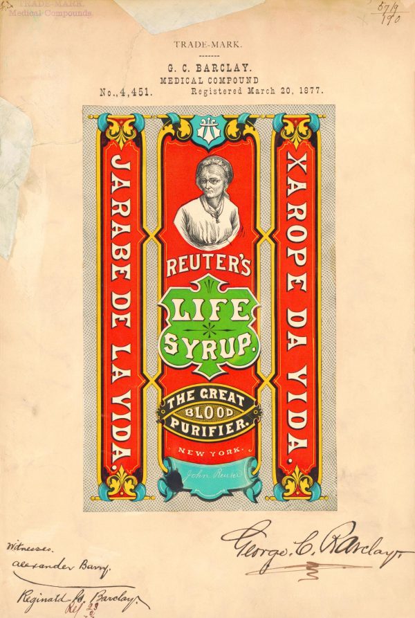 Reuter’s Life Syrup Trademark 1877 Print - Vintage Medicine Label Art, Retro Health Remedy Poster, Antique Blood Purifier Decor