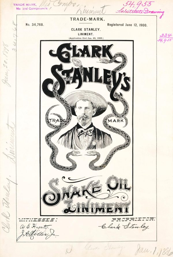 Clark Stanley’s Snake Oil Liniment Trademark 1900 Print - Vintage Medicine Label Art, Retro Health Remedy Poster, Antique Medical Decor