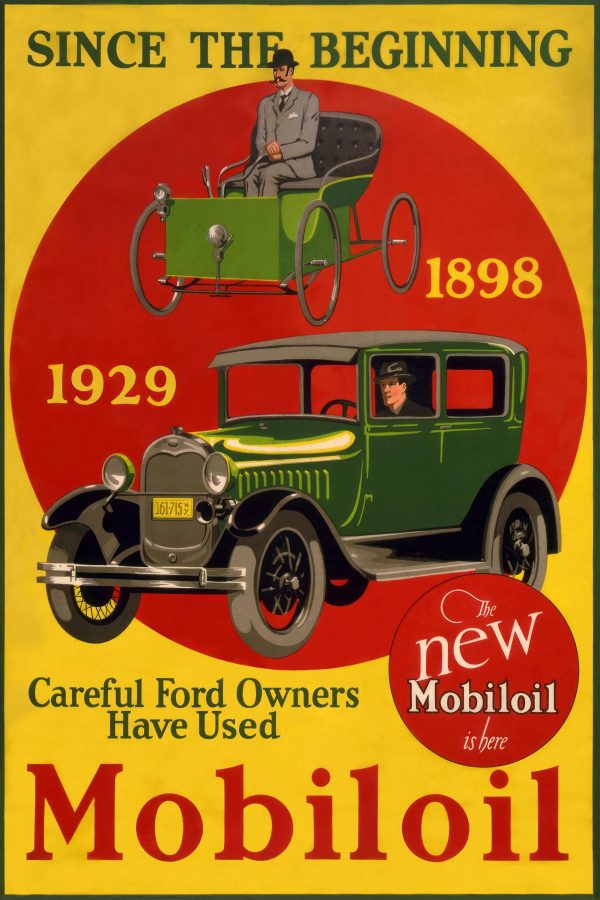 Vintage Mobiloil Advertisement Print – Vintage Car Oil Ad, Retro Car Poster, 1929 and 1898 Car Art, Antique Car Ad Print