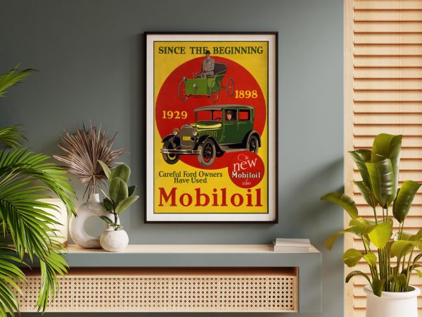 Vintage Mobiloil Advertisement Print – Vintage Car Oil Ad, Retro Car Poster, 1929 and 1898 Car Art, Antique Car Ad Print