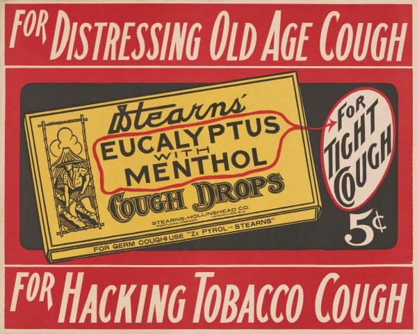 Vintage Cough Drops Advertisement Print – Stearns Eucalyptus Menthol, Retro Medical Poster, Antique Cough Remedy Art, Old Pharmacy Print