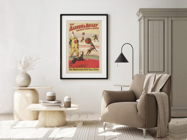 Barnum & Bailey Circus Poster – Marvelous Football Dogs Act, Vintage Clown Art, Greatest Show on Earth, Circus Decor, Dog Performance Poster