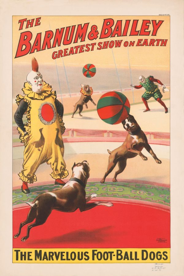 Barnum & Bailey Circus Poster – Marvelous Football Dogs Act, Vintage Clown Art, Greatest Show on Earth, Circus Decor, Dog Performance Poster