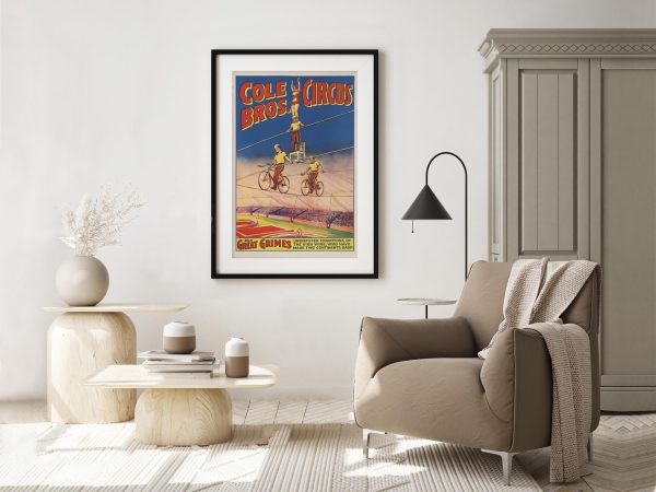 Cole Bros Circus Poster – Great Grimes High Wire Act, Vintage Circus Poster, Tightrope Walker Art, Circus Decor, Acrobatic Performance Print