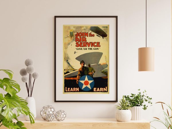 WWII U.S. Air Service Recruitment Poster – Join the Air Service, Give ‘Er the Gun – Vintage Military Decor