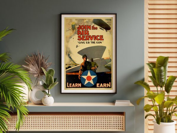 WWII U.S. Air Service Recruitment Poster – Join the Air Service, Give ‘Er the Gun – Vintage Military Decor