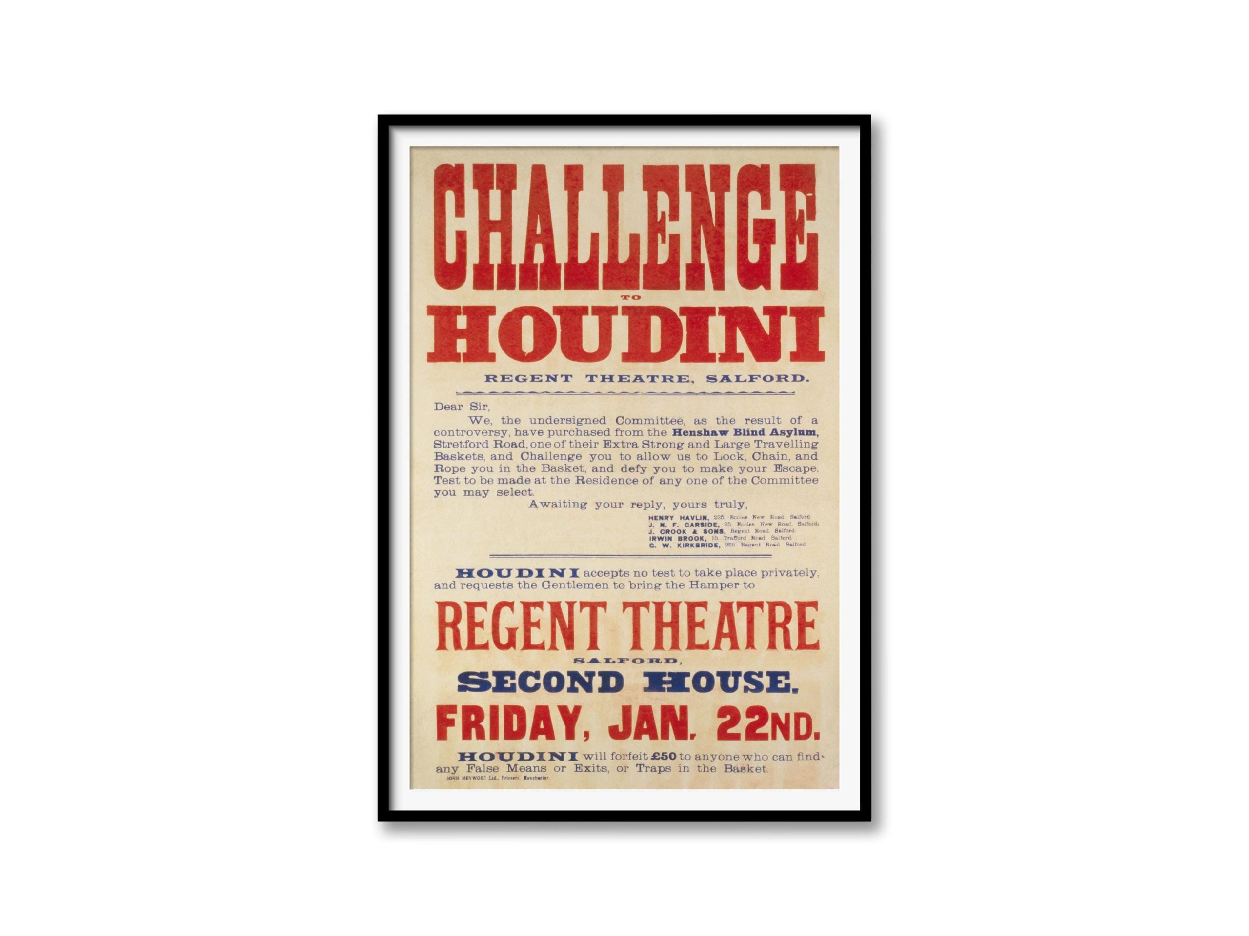 Vintage Challenge to Houdini Poster – Regent Theatre Salford Event Advertisement – Magic Memorabilia, Magician Poster, Vintage Magic Poster