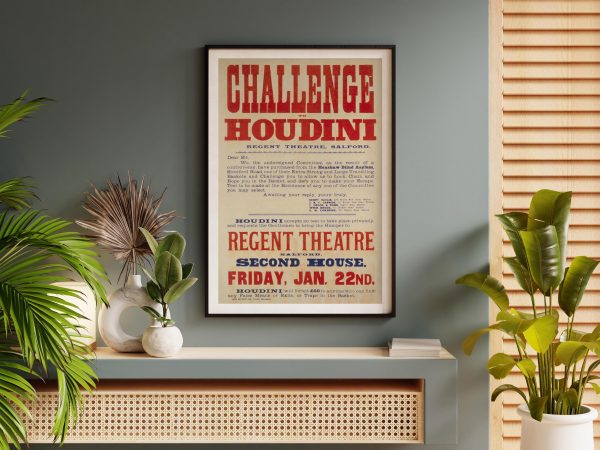 Vintage Challenge to Houdini Poster – Regent Theatre Salford Event Advertisement – Magic Memorabilia, Magician Poster, Vintage Magic Poster