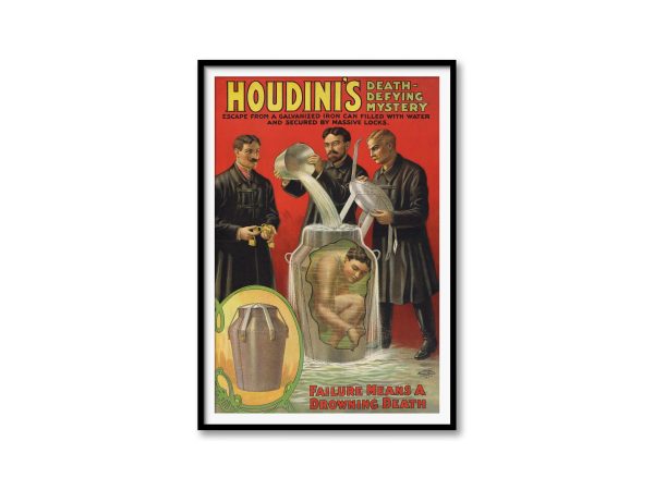 Houdini’s Mystery Escape Poster - Escape Artist Poster, Vintage Magic Art, Water Escape, Illusionist Decor, Risky Feats Reproduction