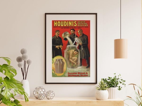 Houdini’s Mystery Escape Poster - Escape Artist Poster, Vintage Magic Art, Water Escape, Illusionist Decor, Risky Feats Reproduction