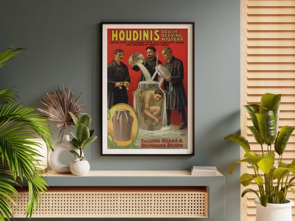 Houdini’s Mystery Escape Poster - Escape Artist Poster, Vintage Magic Art, Water Escape, Illusionist Decor, Risky Feats Reproduction