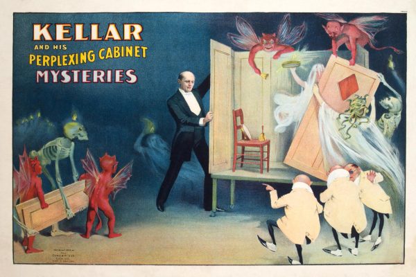 Kellar’s Perplexing Cabinet Mysteries - Vintage Magic Show Poster, Devilish Characters, Spirit Cabinet, Illusionist Decor, Magic Poster