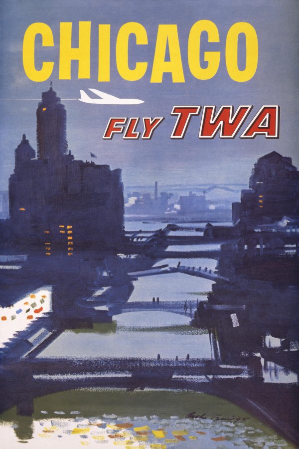 Chicago Travel Poster - Vintage Airline Art, Retro Chicago, Skyline Poster, Classic Airline Advertisement, Mid-Century Decor