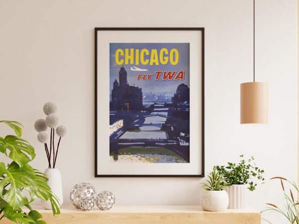 Chicago Travel Poster - Vintage Airline Art, Retro Chicago, Skyline Poster, Classic Airline Advertisement, Mid-Century Decor