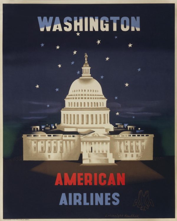 Washington American Airlines - Vintage Capitol Poster, 1950s Travel Art, Retro Airline Decor, American Airlines Washington DC Travel Poster