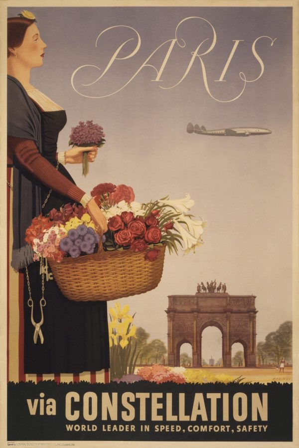 Paris Travel Poster - Vintage Paris via Constellation, Flower Basket and Arc de Triomphe, Retro Airline Art, Paris French Travel Print Decor