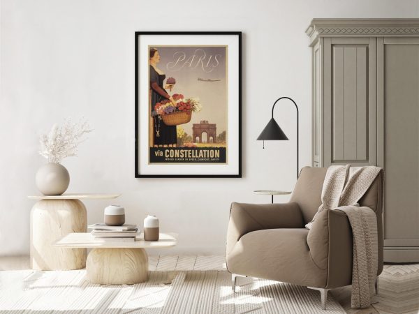 Paris Travel Poster - Vintage Paris via Constellation, Flower Basket and Arc de Triomphe, Retro Airline Art, Paris French Travel Print Decor