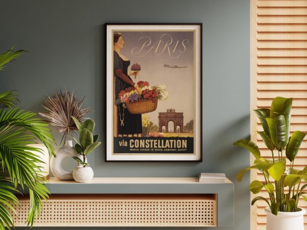 Paris Travel Poster - Vintage Paris via Constellation, Flower Basket and Arc de Triomphe, Retro Airline Art, Paris French Travel Print Decor