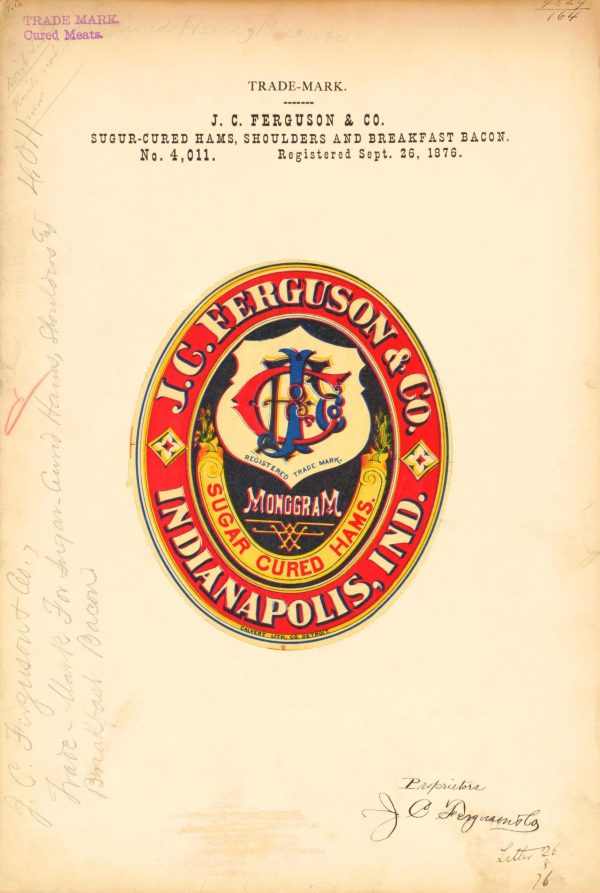 J.C. Ferguson & Co. Monogram Sugar-Cured Hams Trademark 1876 - Vintage Meat Label, Classic Indianapolis Branding, Retro Cured Meat Art Print