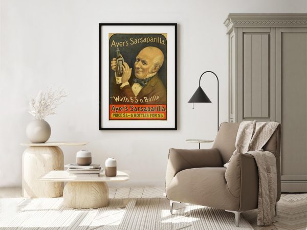 Tonic Advertisement Poster - Late 1800s Ayer’s Sarsaparilla, Retro Medical Decor, Antique Advertising, Quirky Wall Art