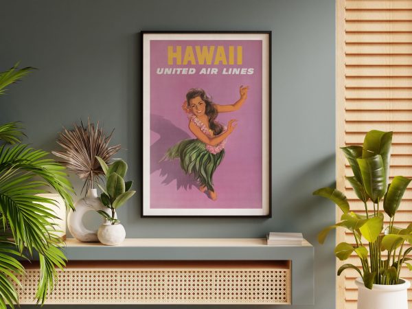 Hawaii Travel Poster - 1960s United Air Lines, Retro Wall Art, Mid-Century Modern Decor, Hula Dancer Art, Tropical Vacation Gift