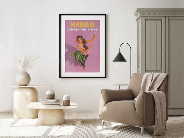 Hawaii Travel Poster - 1960s United Air Lines, Retro Wall Art, Mid-Century Modern Decor, Hula Dancer Art, Tropical Vacation Gift